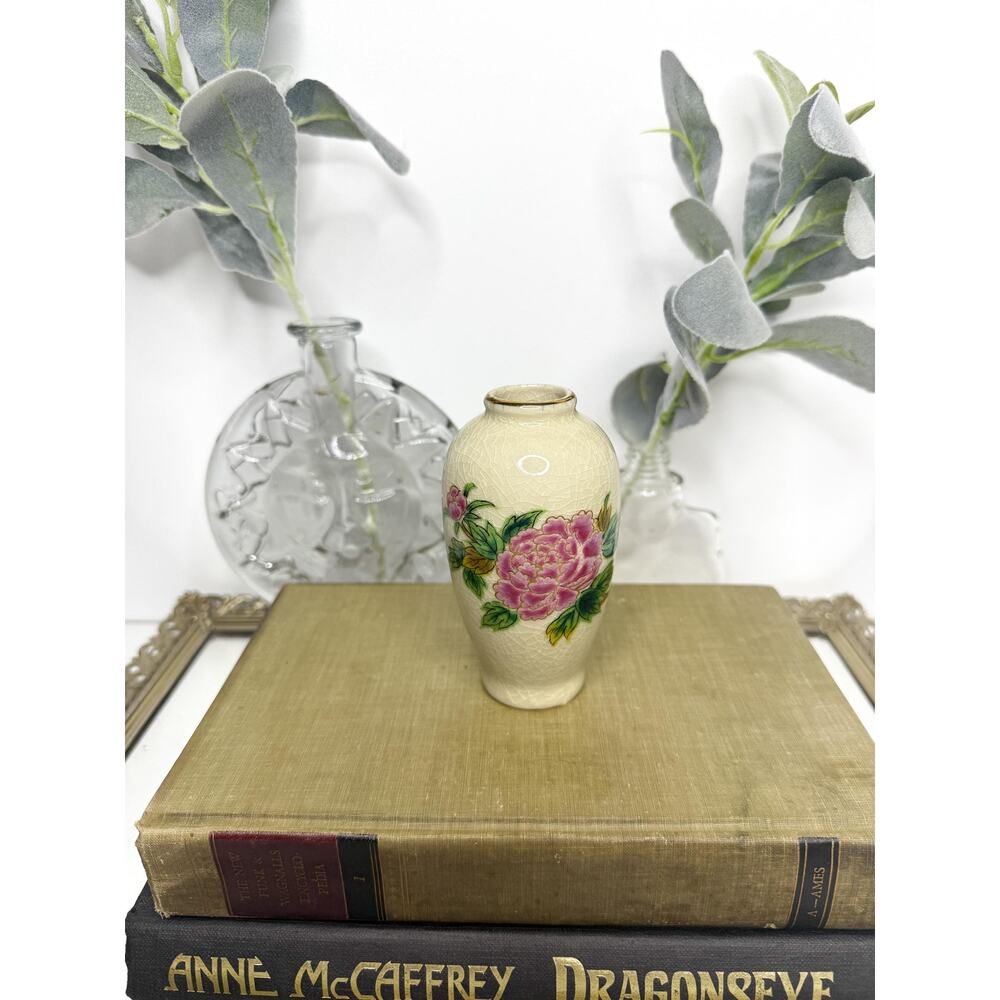 Vintage Homco Japanese Gold Rim Gilded Pink Floral On White 4" Vase Hand Painted